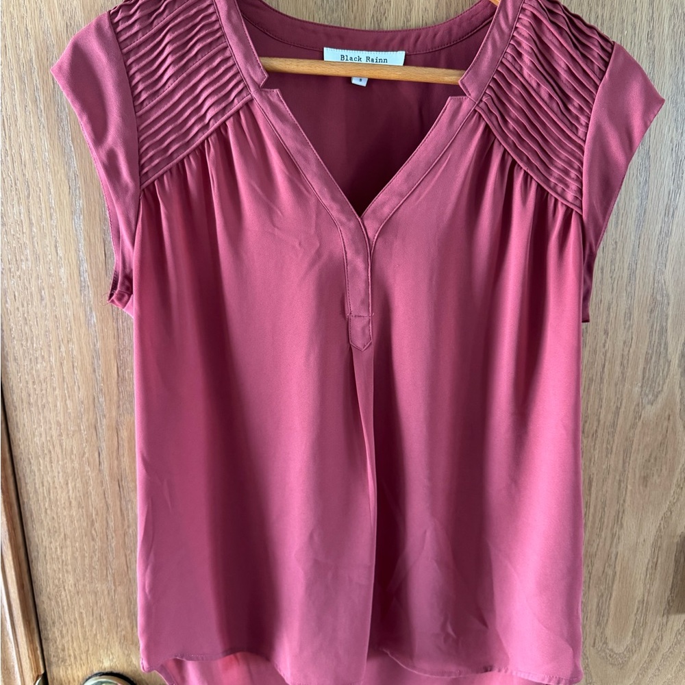 Black Rainn Burnt Orange Pleated V-Neck Blouse